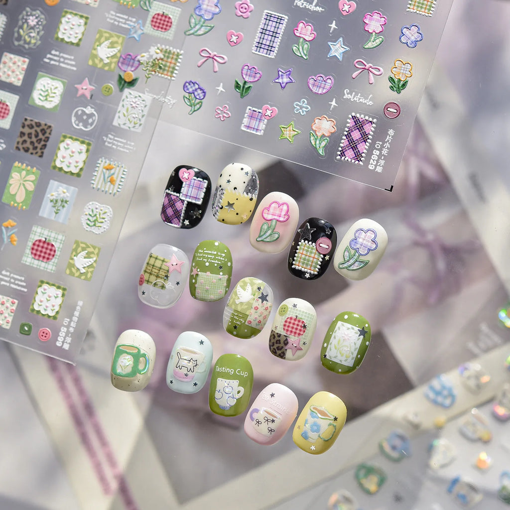 3D Embossed Cartoon Nail Art Stickers – Floral & Tea Cup