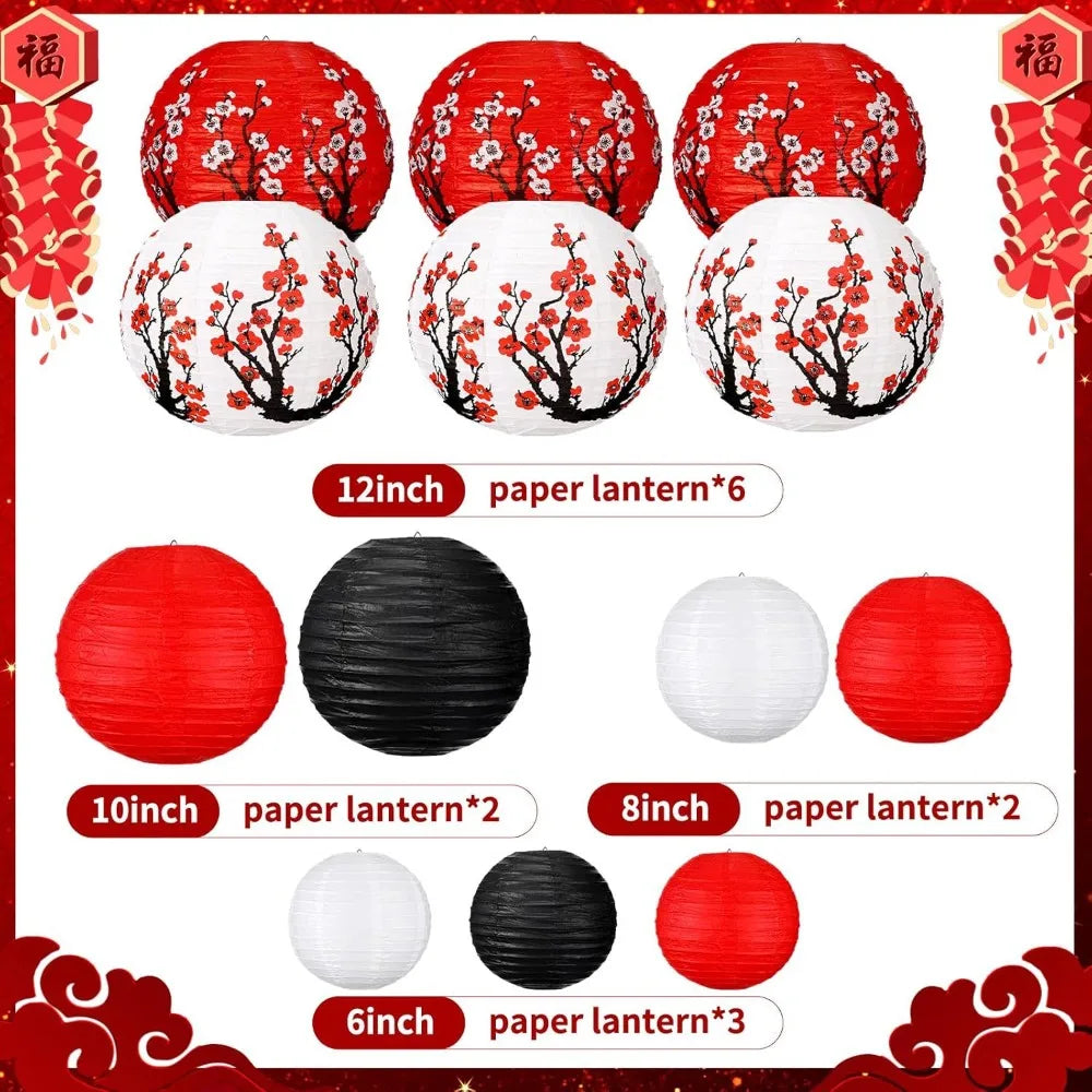 Round Chinese Paper Lantern Set – Cherry Blossom Decor