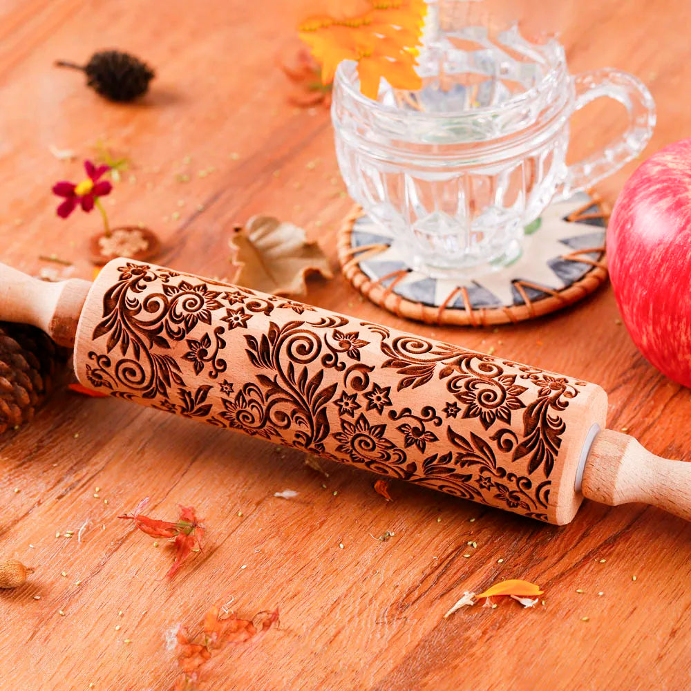 Wooden Embossed Rolling Pin Sunflower Pattern – Baking Cookie Stamp