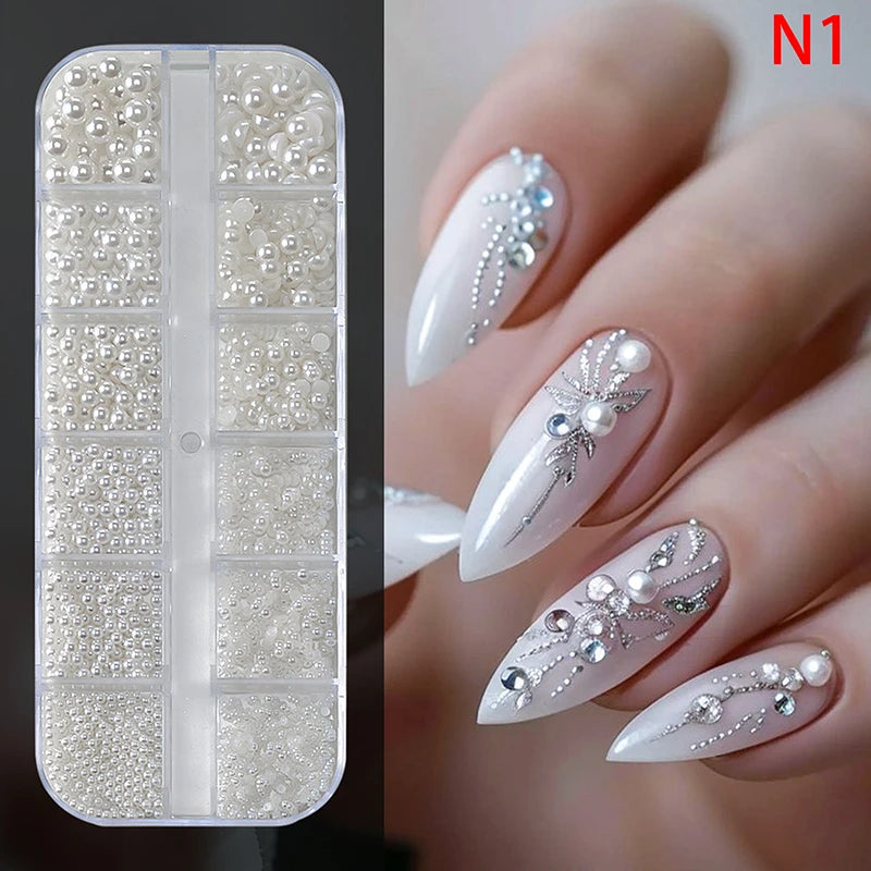 12-Grid 3D White Pearl Nail Charms – Mixed Beads Nail Art Set