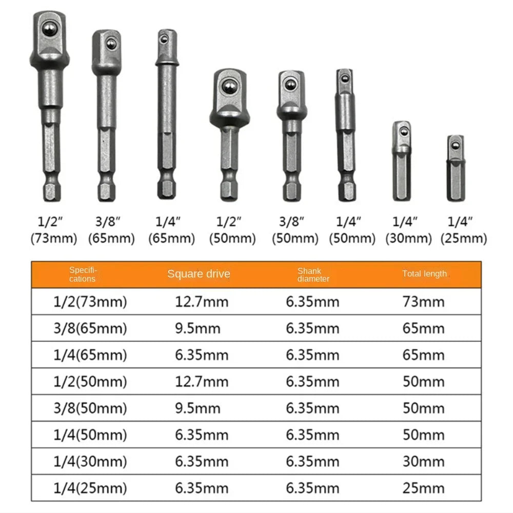 Chrome Vanadium Socket Adapter 1/4" 3/8" 1/2" Hex Shank Set