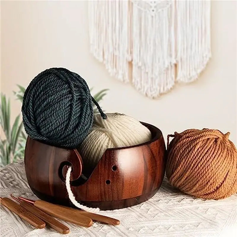 Wooden Yarn Bowl with 8 Crochet Hooks – Knitting Bowl Set