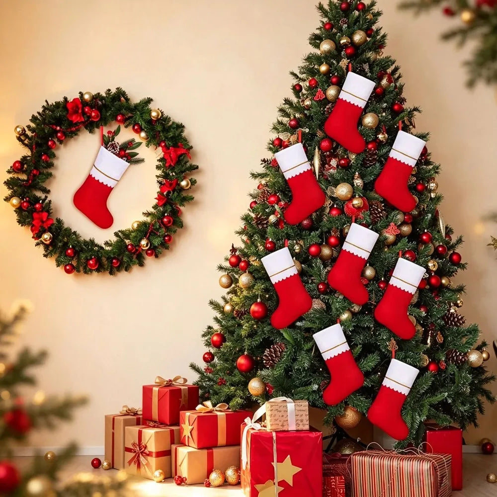 Red Felt Christmas Stocking Golden Trim | Fireplace Décor