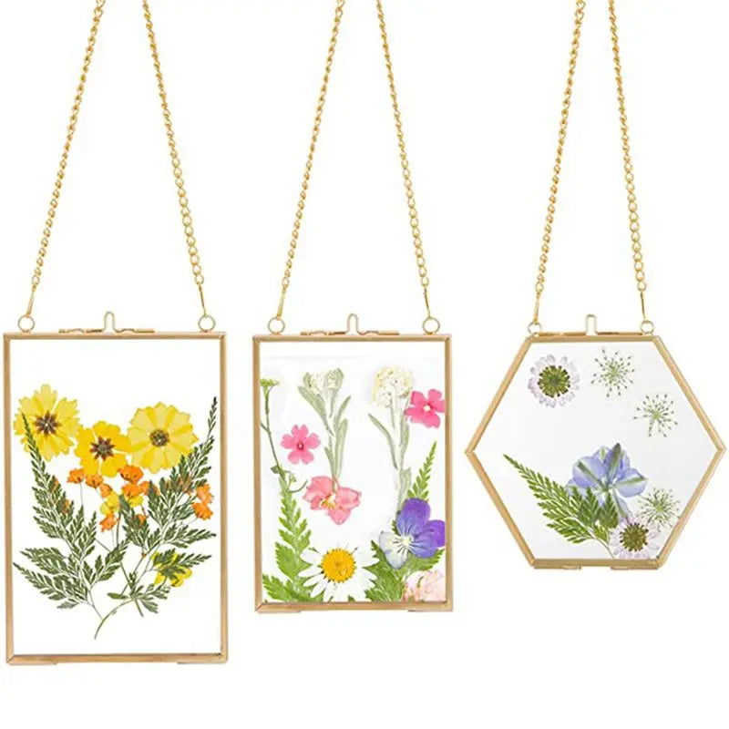 6-Pack Golden Hanging Glass Pressed Flower Frames with Chain