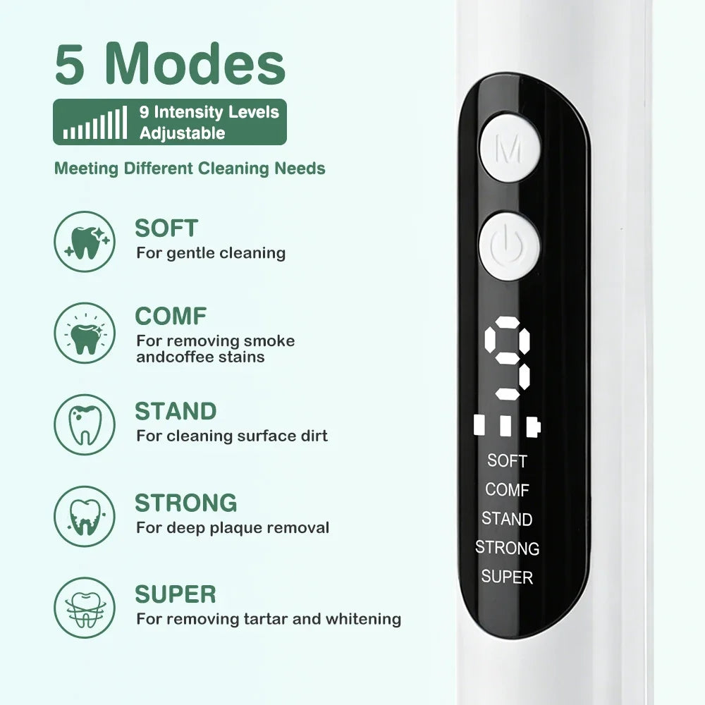 AFDEAL Ultrasonic Dental Cleaner – 5 Modes, LED, 2 Heads