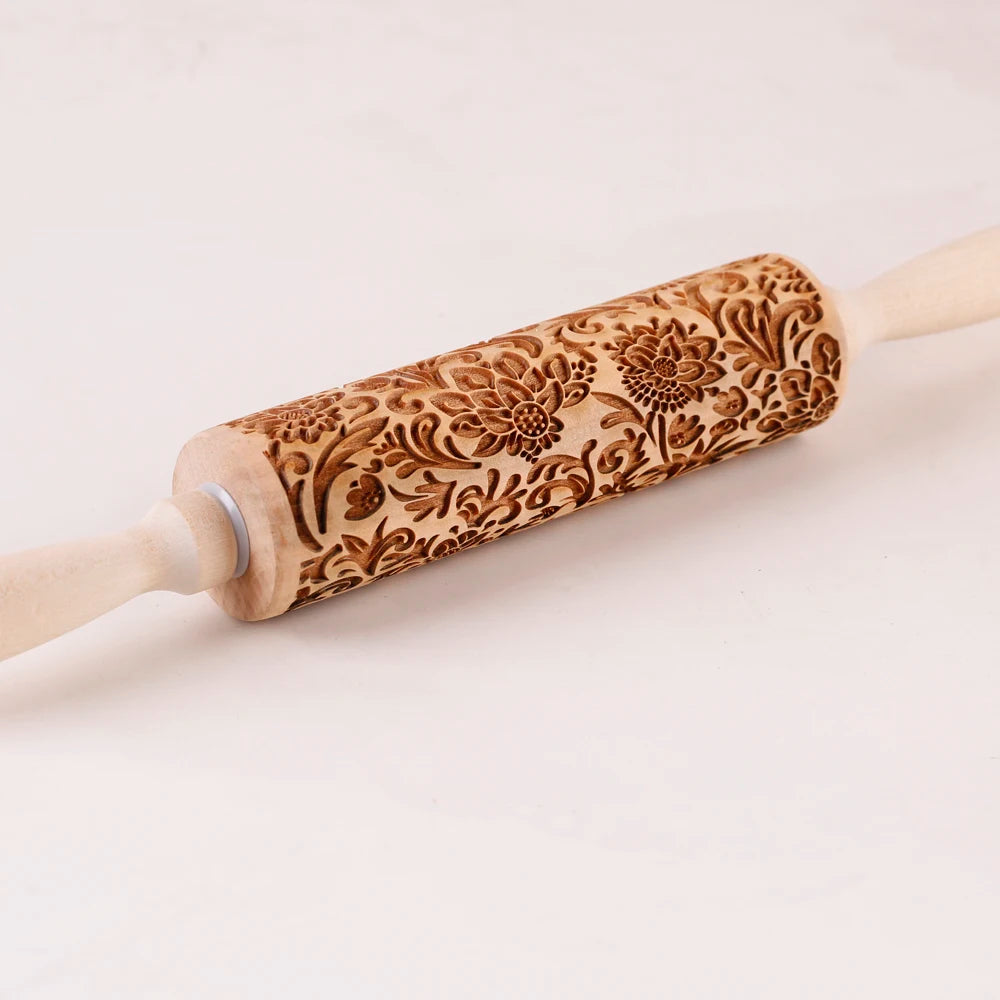 Wooden Sunflower Embossed Rolling Pin – Pastry & Cookie Stamp