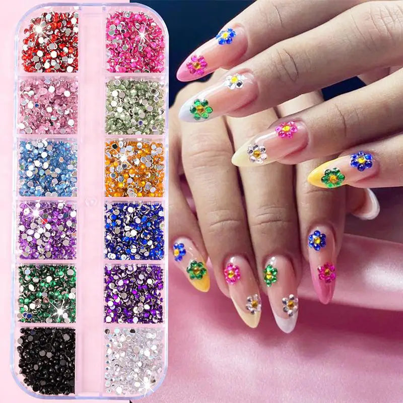 12-Grid 3D Flower Nail Art Charms – Rhinestones & Beads Kit
