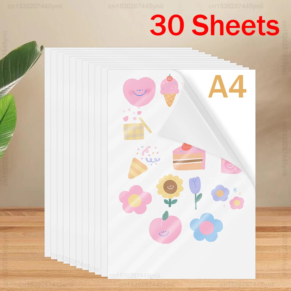 30-Pack A4 Printable Vinyl Sticker Paper – Glossy, Matte & Clear