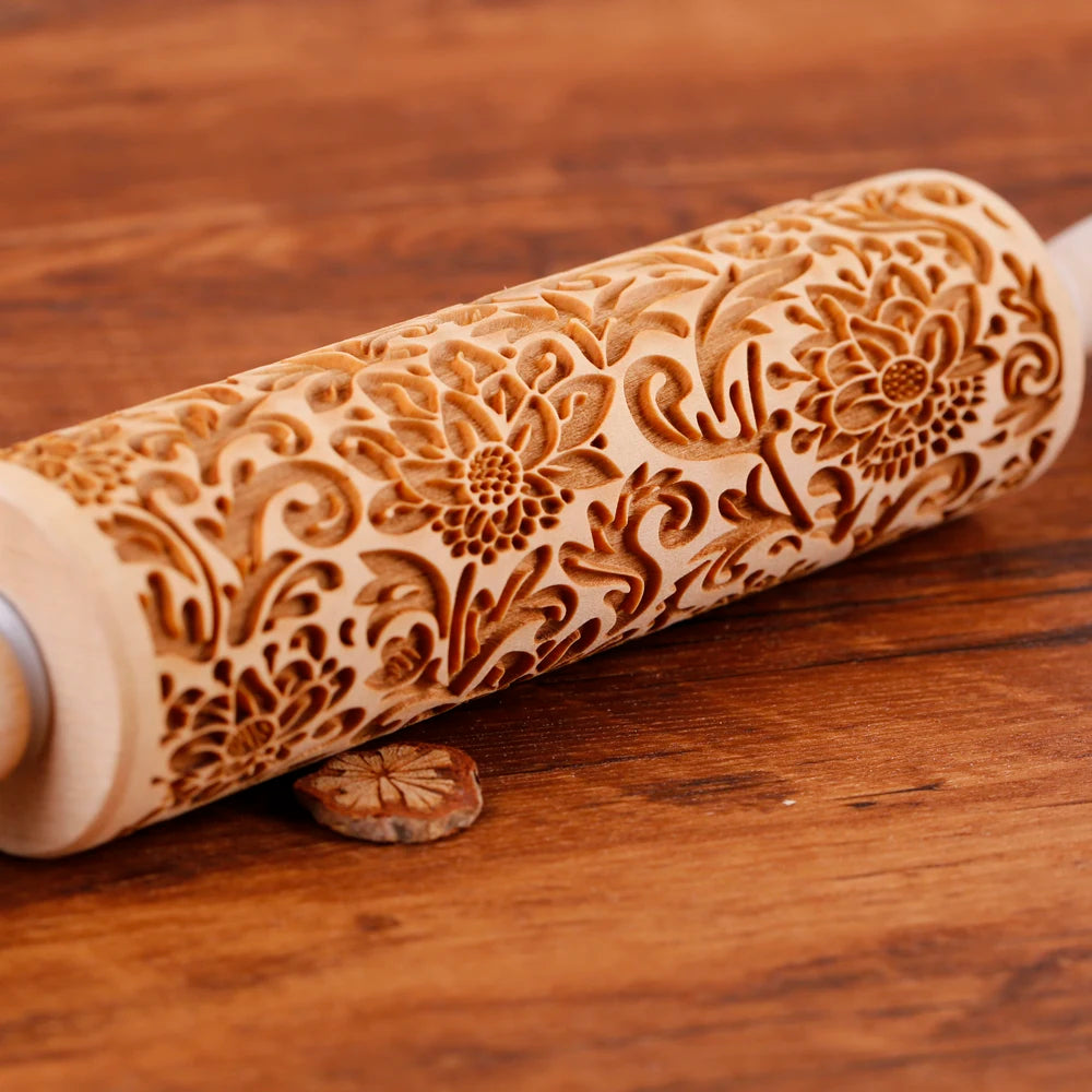 Wooden Sunflower Embossed Rolling Pin – Pastry & Cookie Stamp