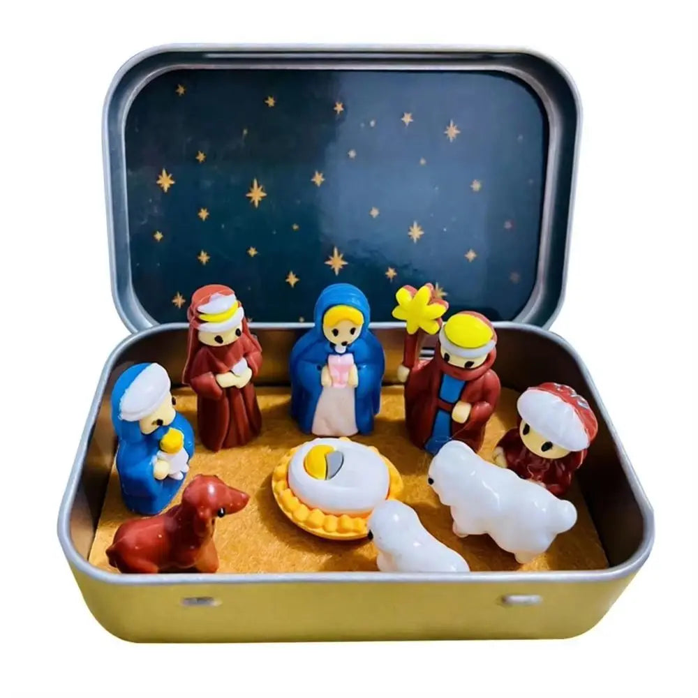 Mini Christmas Nativity Figurine Set with Tin Box | Resin Scene