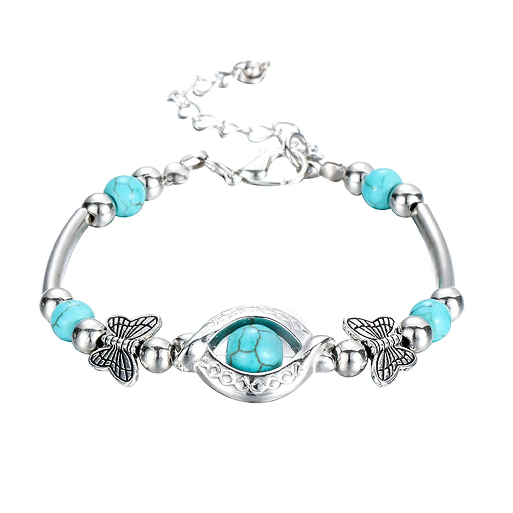 Vintage Turquoise Butterfly Bracelet – Bohemian Silver Chain