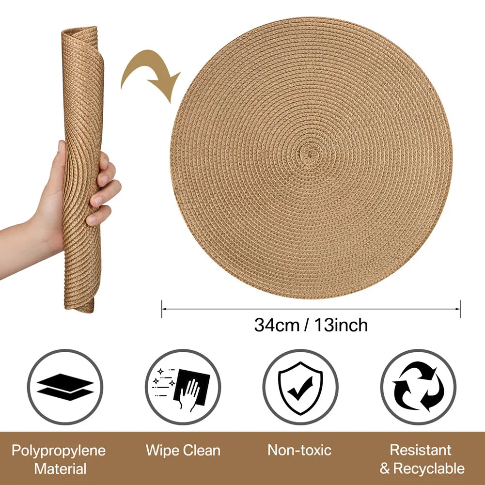 Round Woven Placemats Set of 6 – 34cm Heat Resistant PP Mats