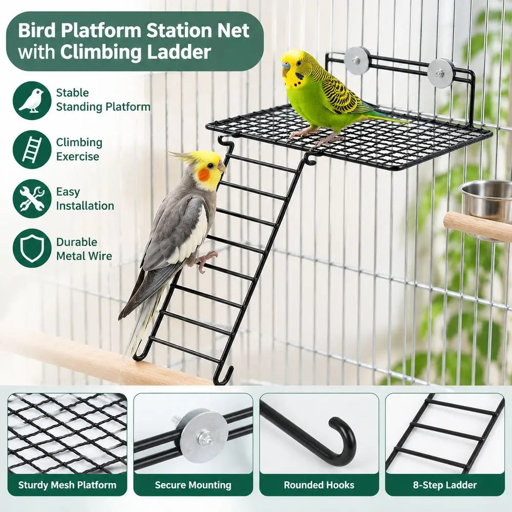 Metal Wire Bird Cage Platform Perch & Ladder – Black/White