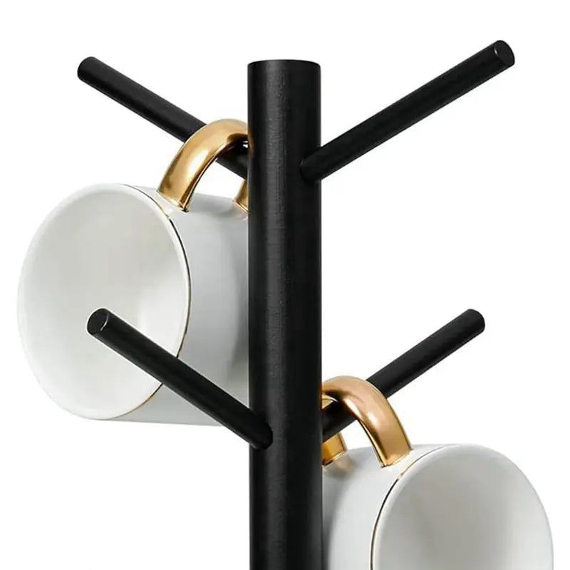 Bamboo Coffee Mug Tree 6 Hooks – Black Countertop Cup Holder