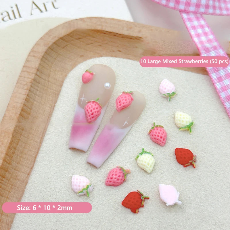 50PCS 3D Strawberry Nail Charms Resin Fruit DIY Nail Art Decor
