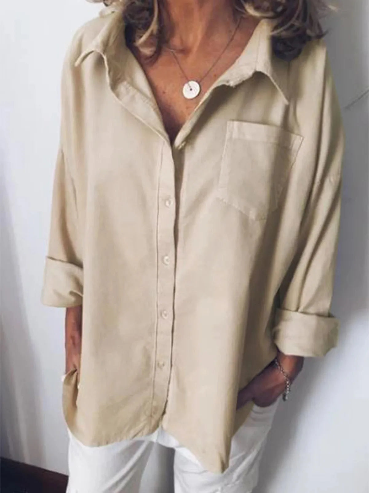 Women's Loose Long Sleeve Button Blouse with Pocket