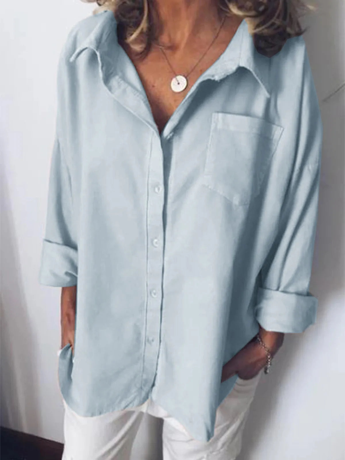 Women's Loose Long Sleeve Button Blouse with Pocket