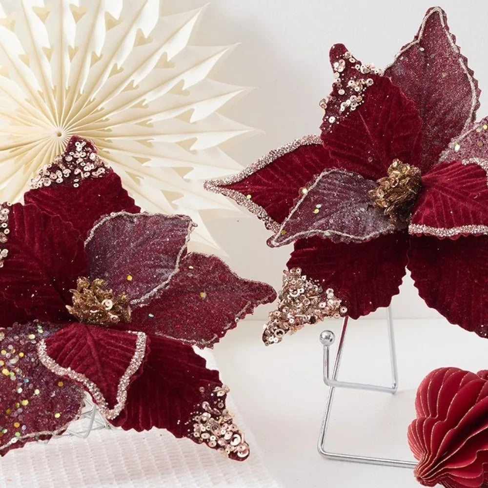 26CM Wine Red Glitter Artificial Poinsettia Flower | Christmas Decor