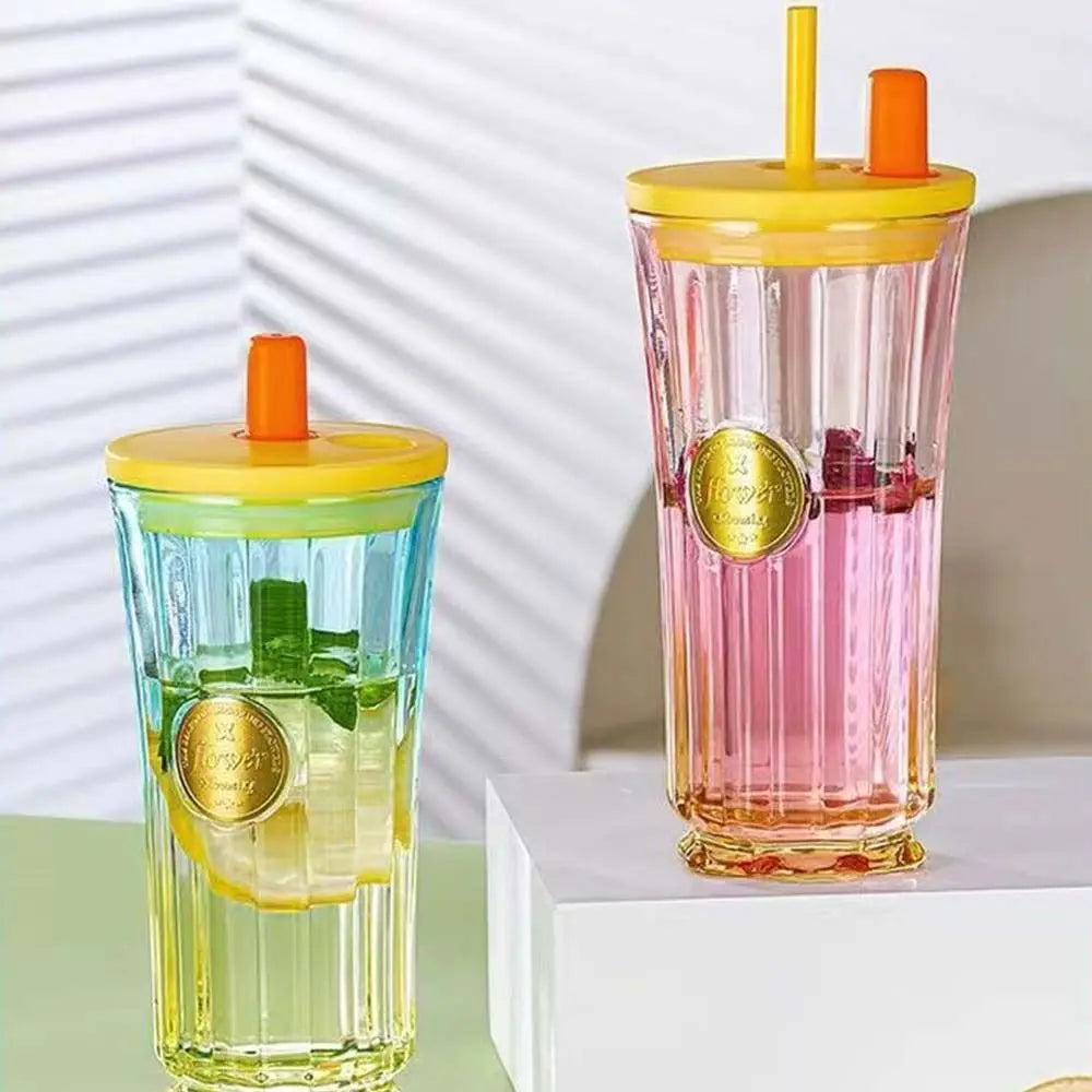 500ml Gradient Glass Cup with Lid & Straw | Slender Waist Design