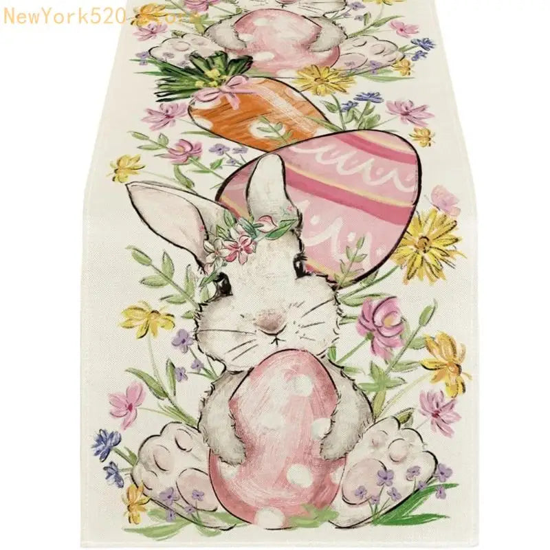 Farmhouse Linen Easter Table Runner – Eggs & Bunnies