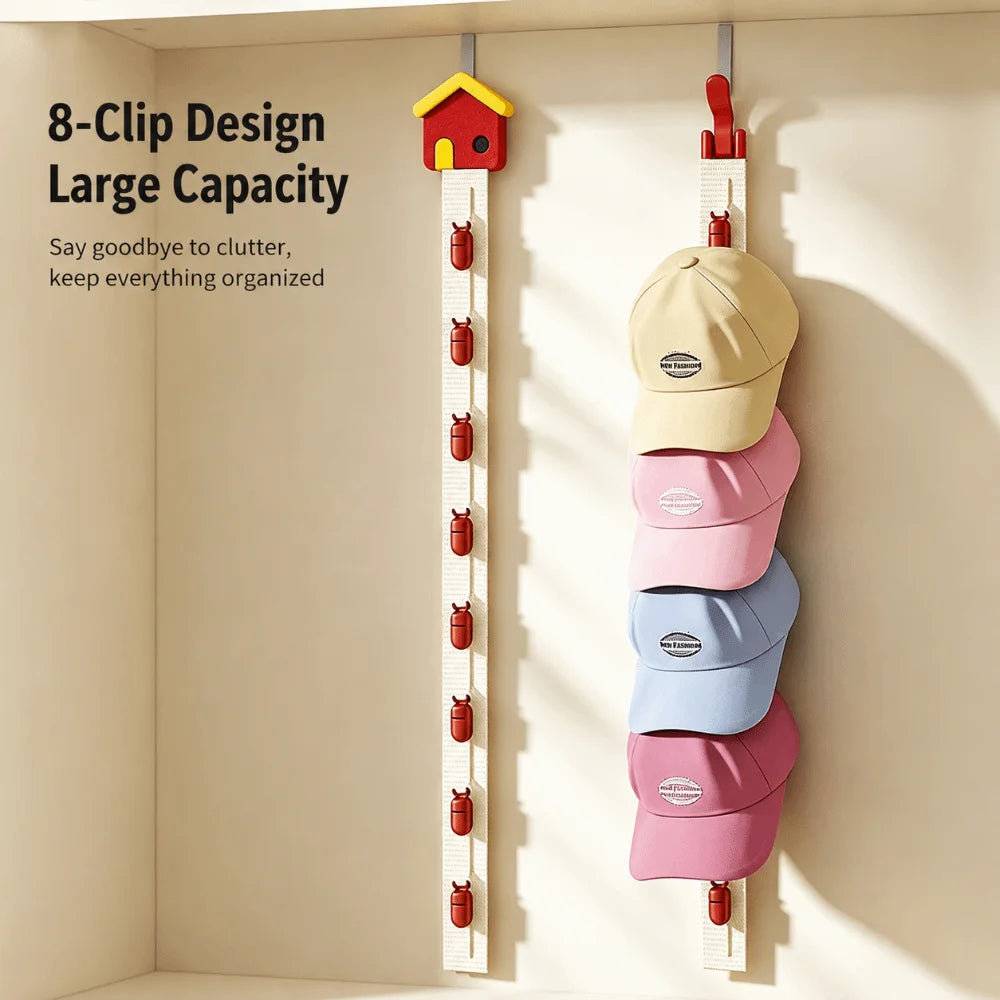 Wall Mounted Hat Rack with 8 Non-Slip Clips – Cap Organizer