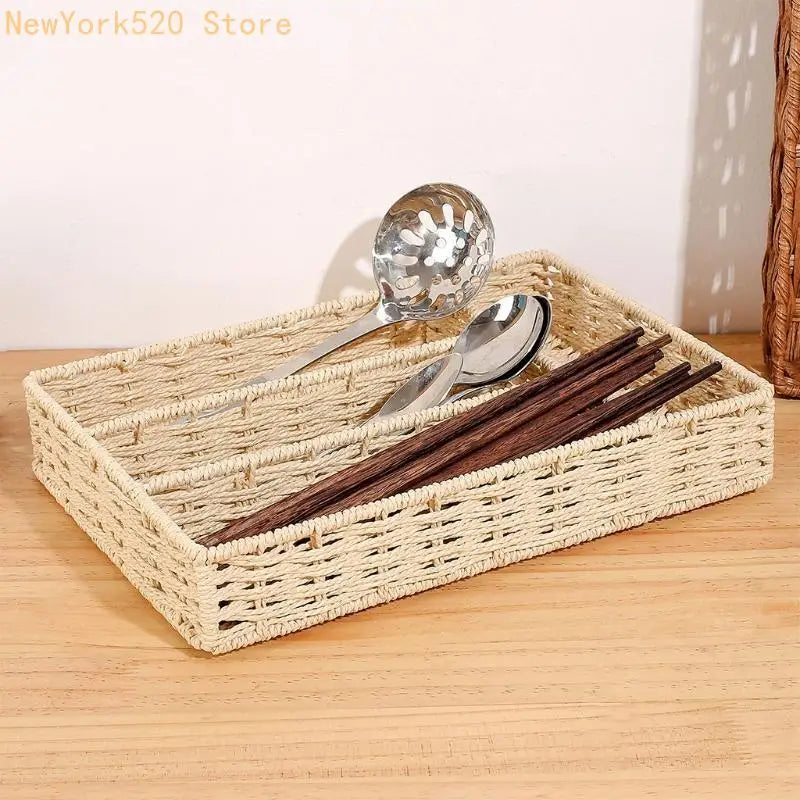 Hand-Woven Rattan Divided Storage Basket – Desk & Kitchen