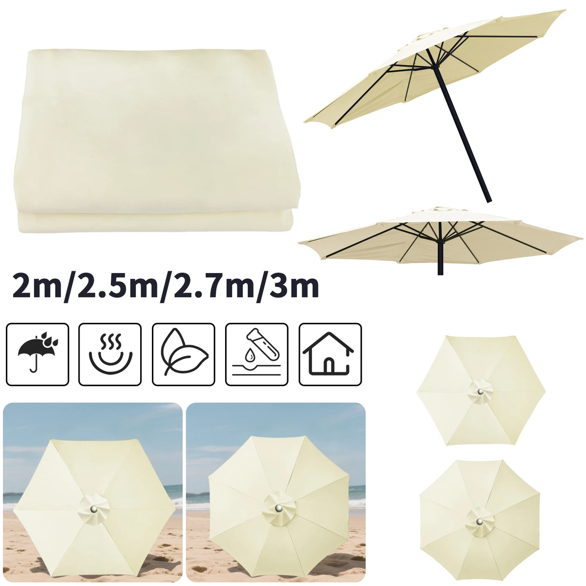 Waterproof Replacement Parasol Canopy 2–3M | 6 & 8 Rib Patio