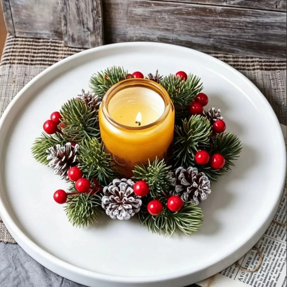Christmas Pine Cone Red Berry Candle Wreath Table Centerpiece