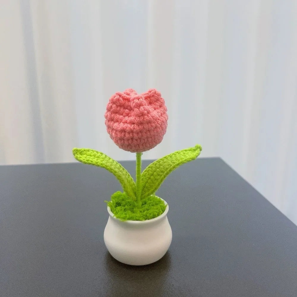Mini Crochet Tulip Potted Flower | Handmade Knit Décor