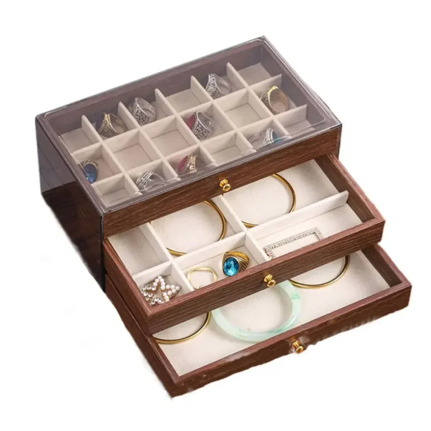 Multi-Layer Wooden Jewelry Box with Transparent Window Lid