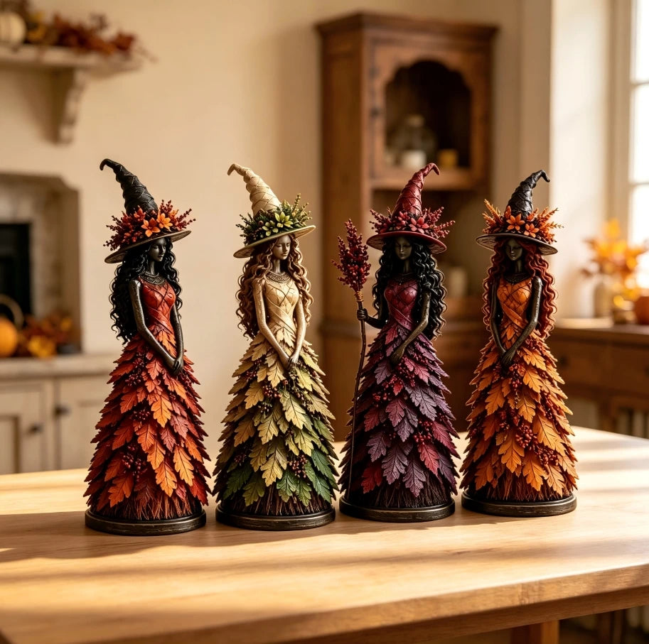 Autumn Witch Figurine Set – Fall Harvest Resin Statue Decor