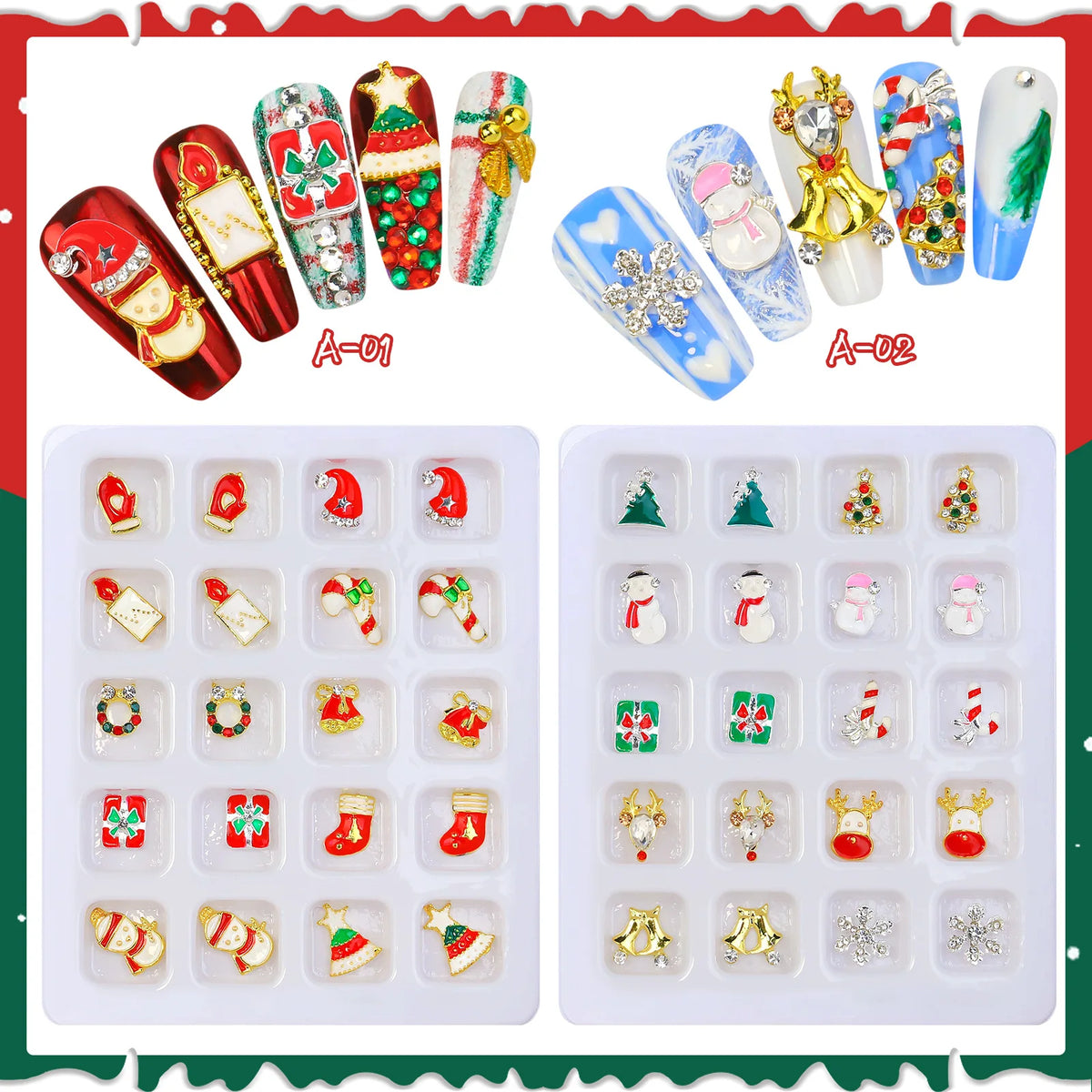20-Grid Christmas Nail Charms – Santa Snowman Elk Xmas Set