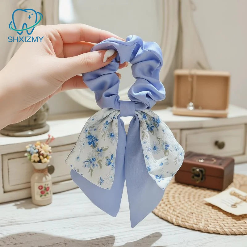 Floral Bow Satin Scrunchie – Ribbon Hair Band for Women