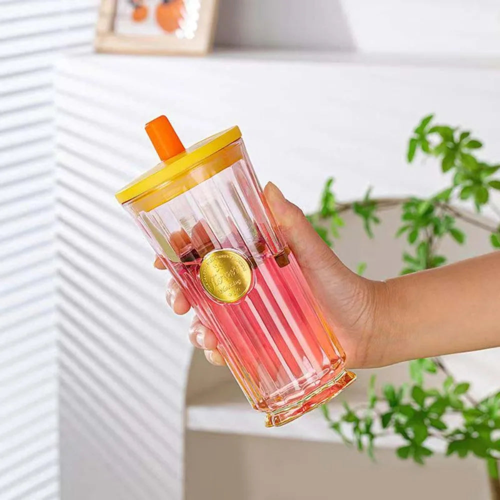 500ml Gradient Glass Cup with Lid & Straw | Slender Waist Design