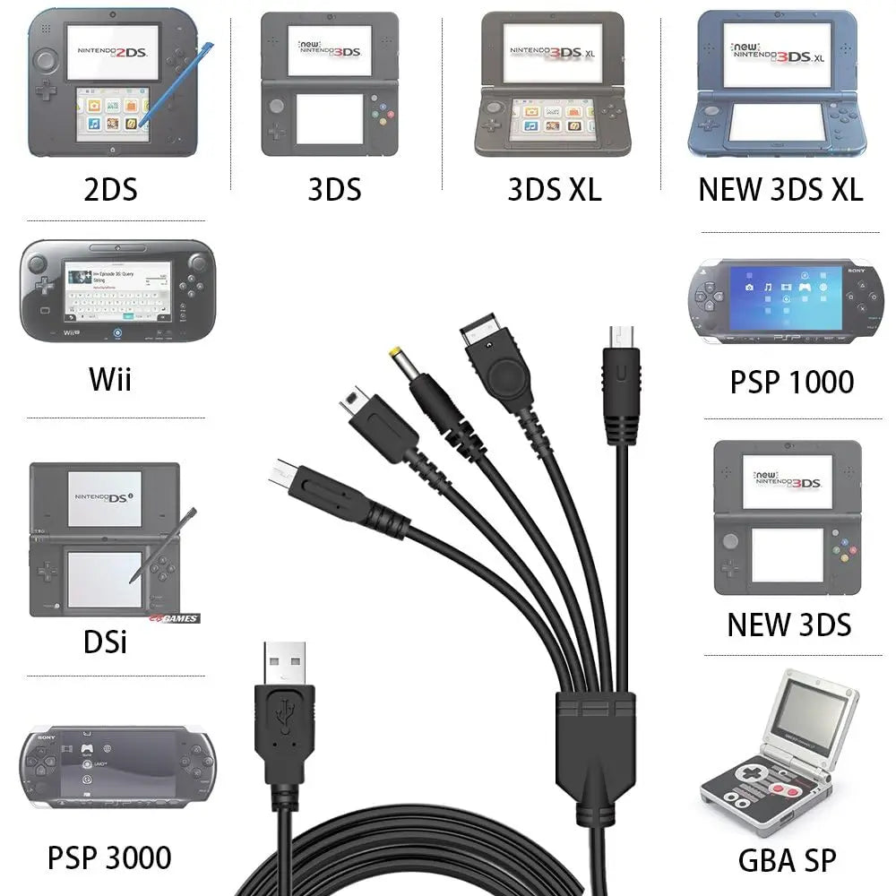 5-in-1 USB Charging Cable for 3DS, GBA SP, PSP & Wii U