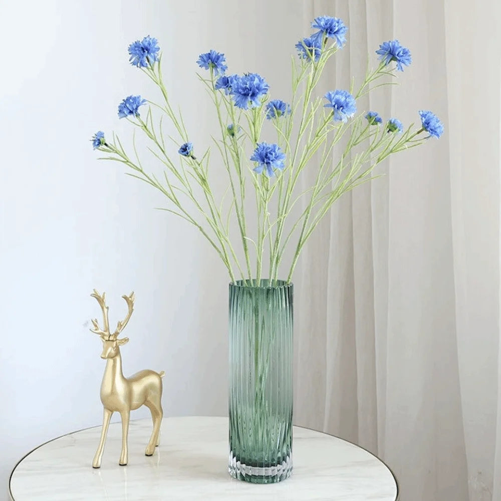 Silk Cornflower Artificial Bouquet 3 Forks Long Stem Blue