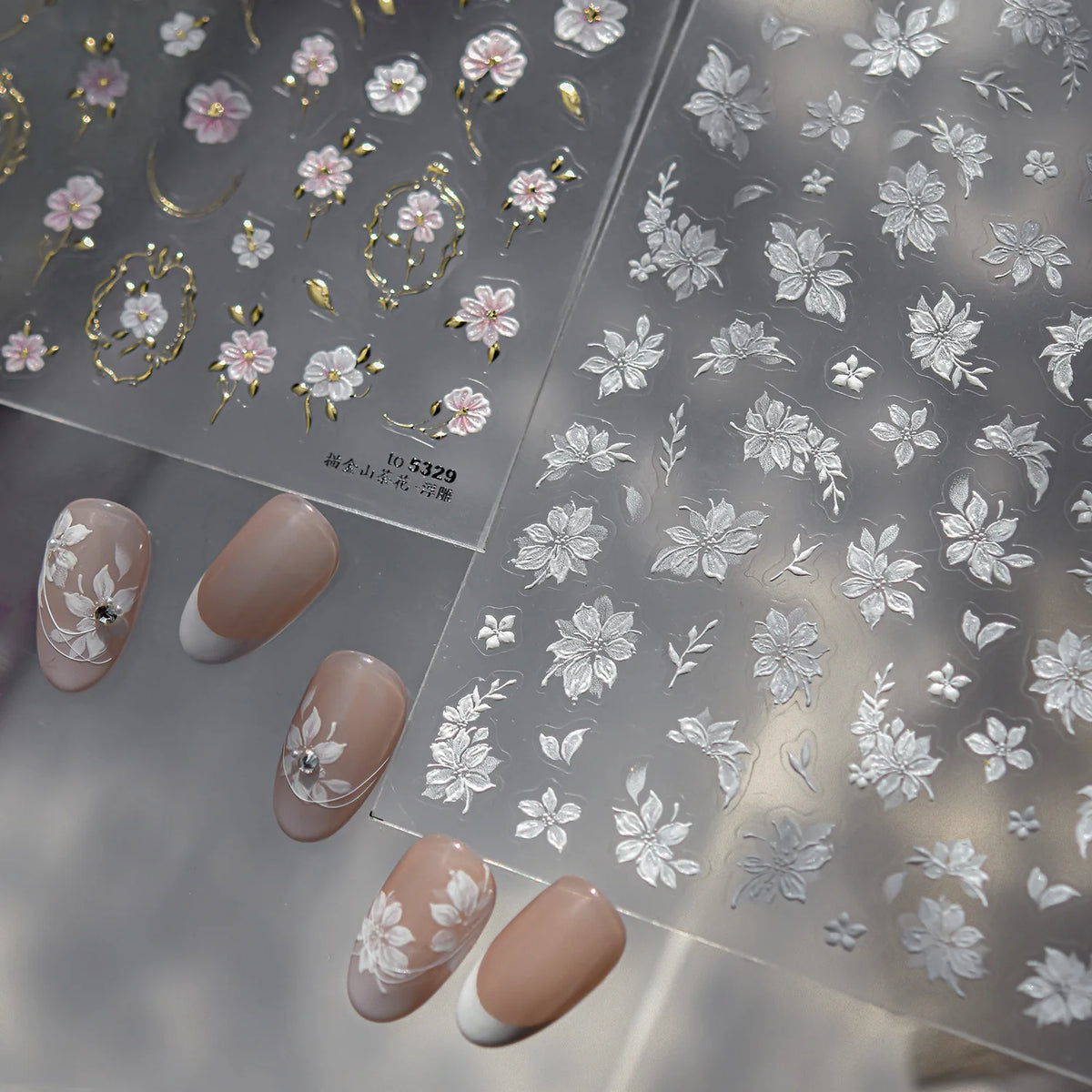 3D Gilded Camellia Flower Nail Art Stickers – Luxury White