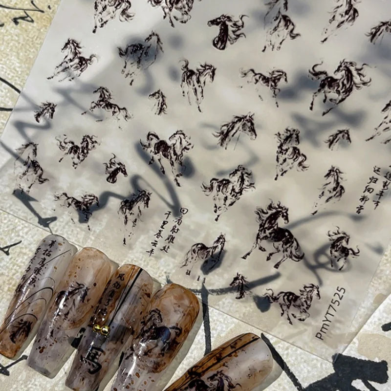 Ink Painting Horse Nail Art Stickers – Black & White Decals