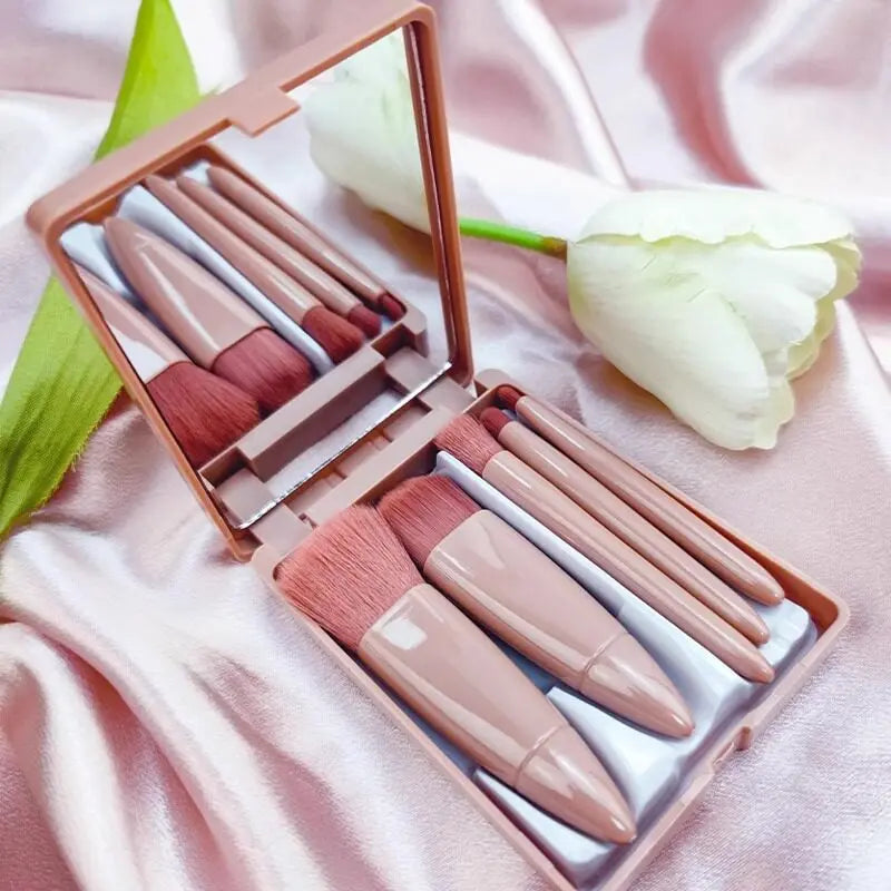 5-Piece Travel Makeup Brush Set with Built-In Mirror Case