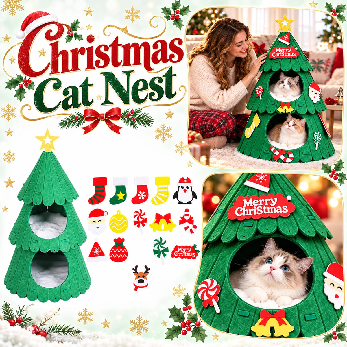 Christmas Tree Cat Bed – Double Layer Holiday Cat House