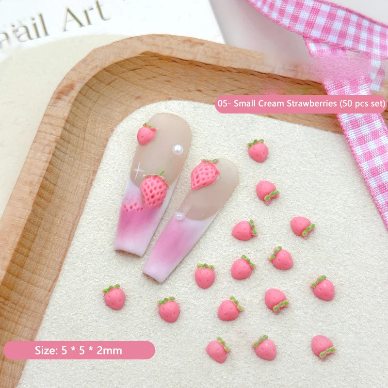 50PCS 3D Strawberry Nail Charms Resin Fruit DIY Nail Art Decor