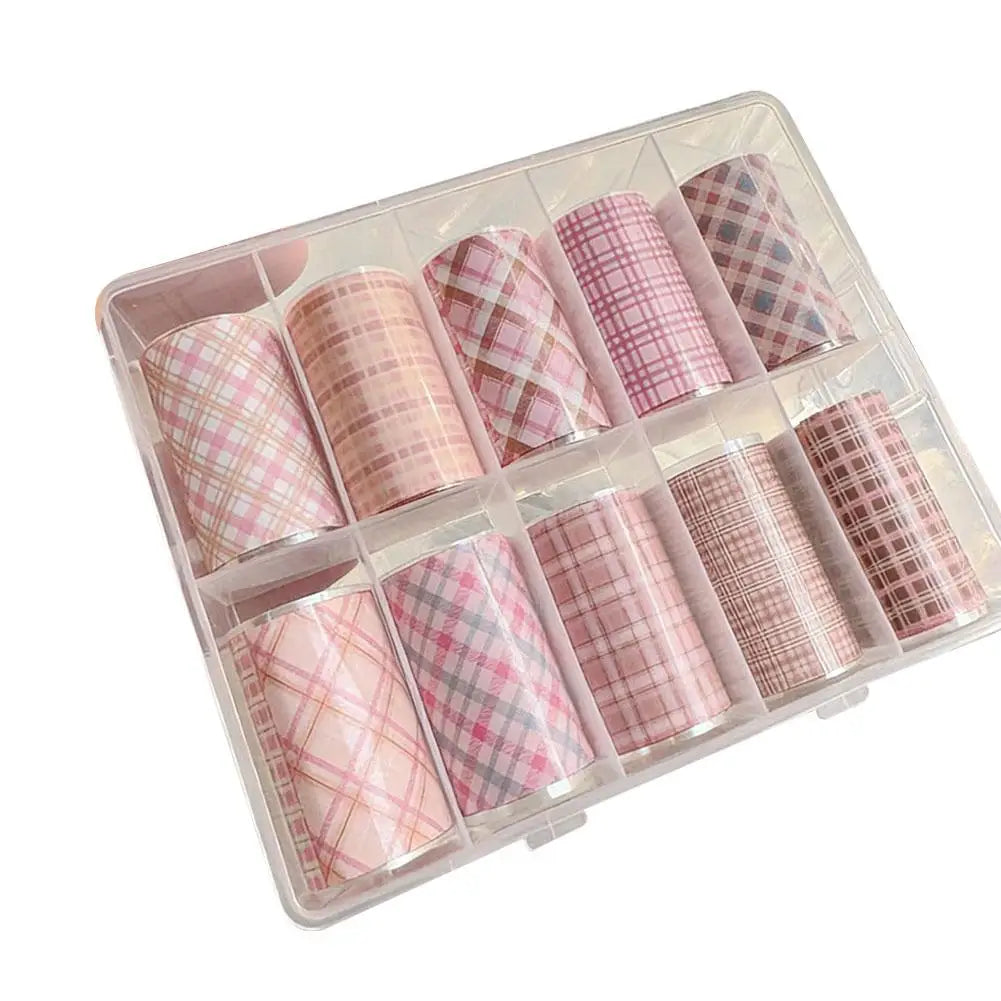 10-Roll Pink Checkered Nail Transfer Foils & Decals Set