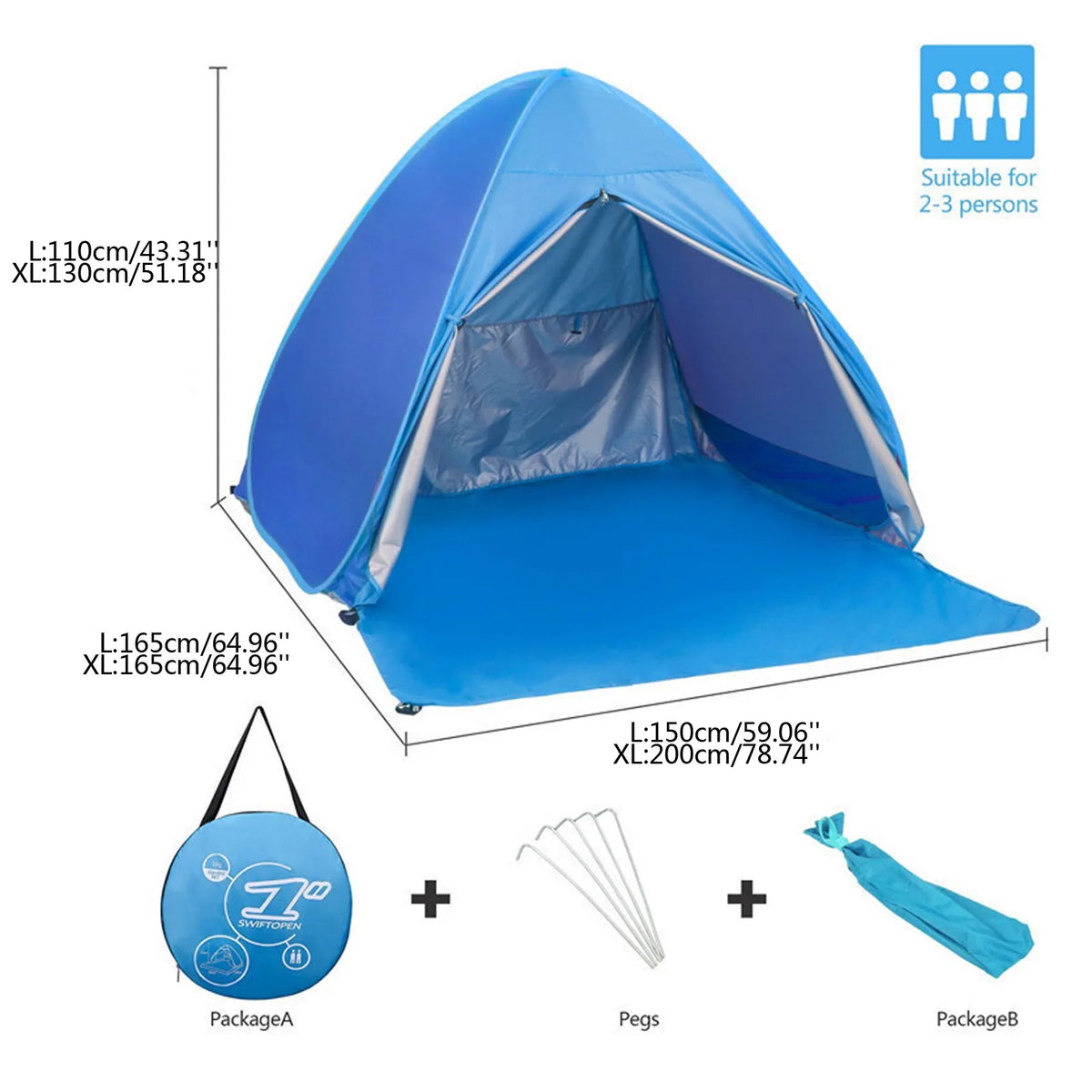 VIBE Pop-Up Beach Tent UPF 50+ Sun Shade Shelter 3–4 People