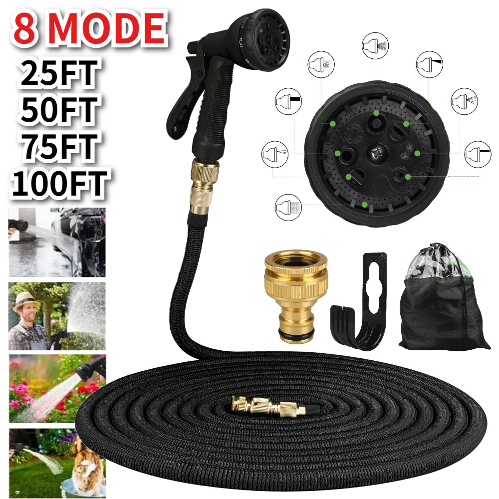 Expandable Garden Hose 25–100ft | 8-Mode Spray Nozzle