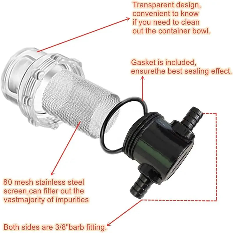 1/2" In-Line Water Pump Strainer 3/8" Hose Barb 80 PSI RV