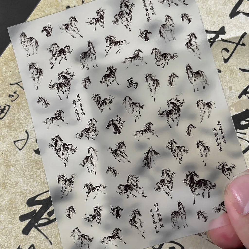Ink Painting Horse Nail Art Stickers – Black & White Decals
