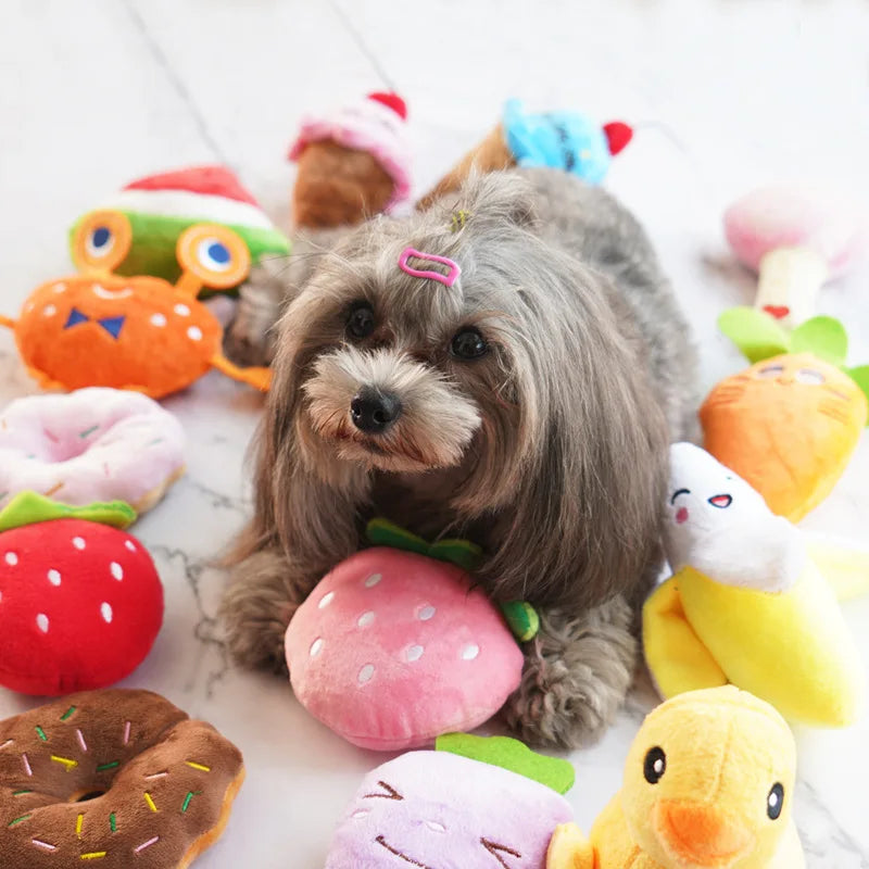 7-Piece Plush Squeaky Dog Toys – Fruit & Veggie Chew Set