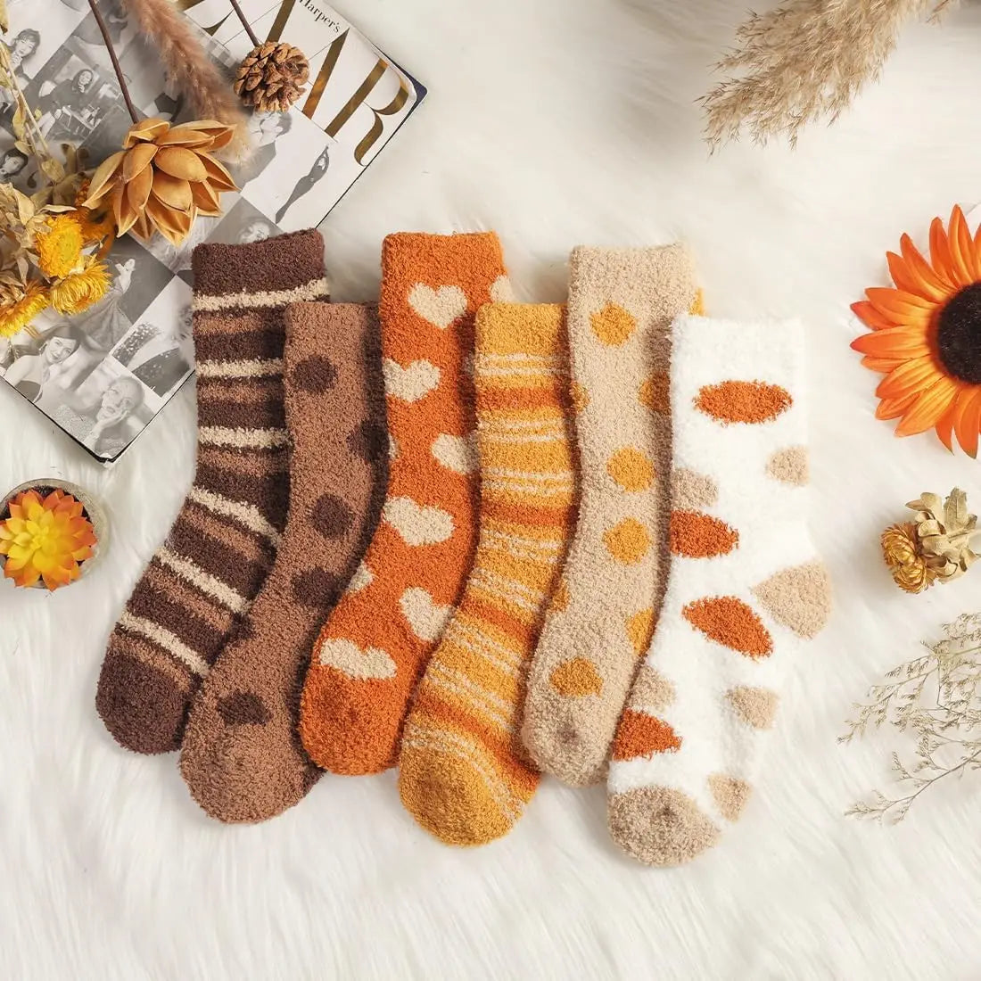 Women's Warm Crew Socks Set – Striped & Polka Dot 6-Pack