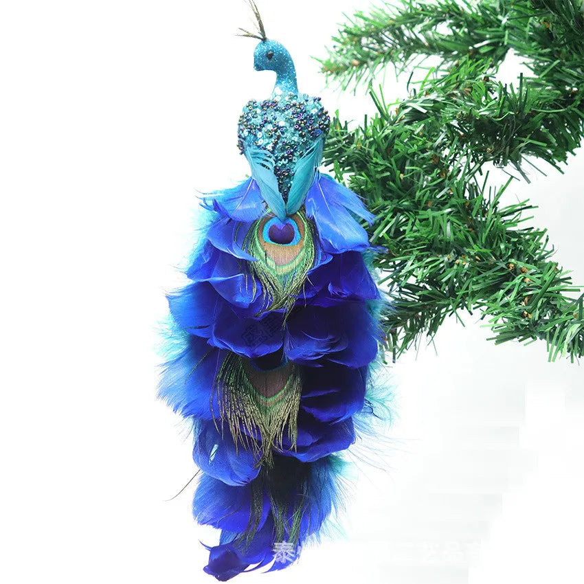 Glitter Blue Peacock Ornament Real Tail Feather Clip-On Decor