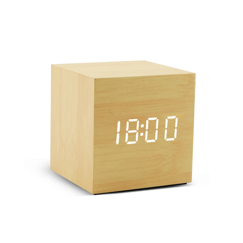 LED Digital Alarm Clock Wooden Style Voice Control USB/Battery